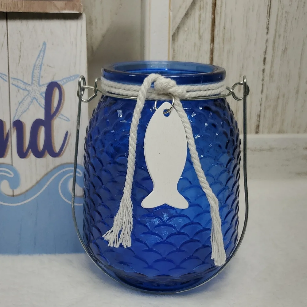Beach Relax & Unwind Wall Decor Sign & Blue Candle Holder Bottle